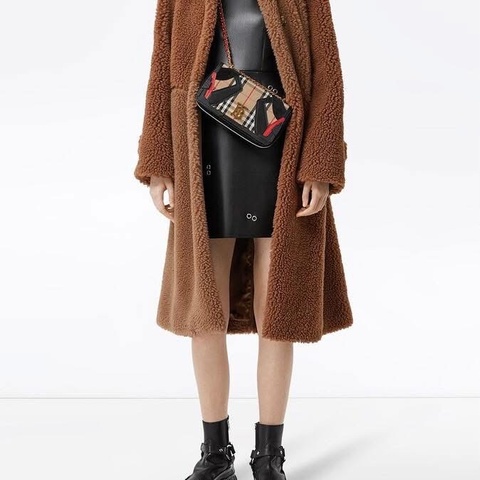 BURBERRY英國棕色人造毛羊皮拼駝毛混紡大衣UK4