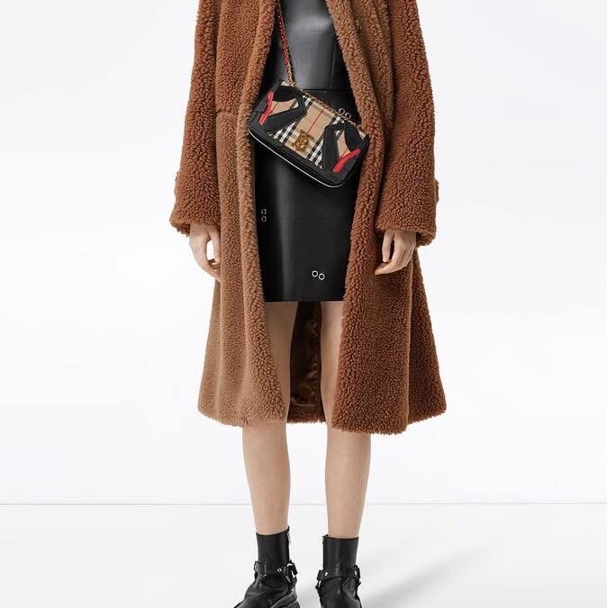 BURBERRY英國棕色人造毛羊皮拼駝毛混紡大衣UK4-0