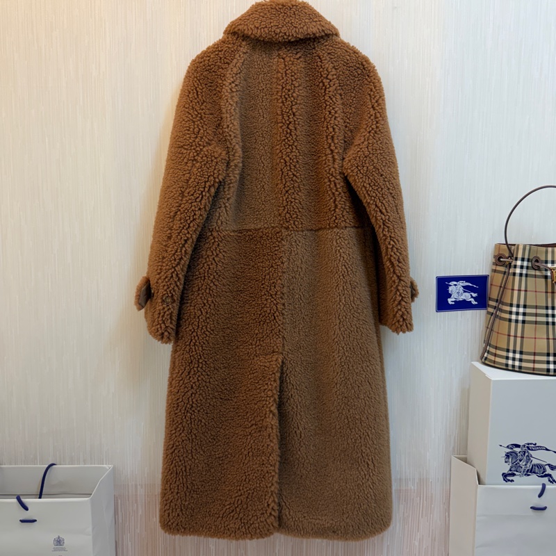 BURBERRY英國棕色人造毛羊皮拼駝毛混紡大衣UK4-4