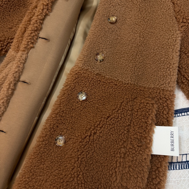 BURBERRY英國棕色人造毛羊皮拼駝毛混紡大衣UK4-6