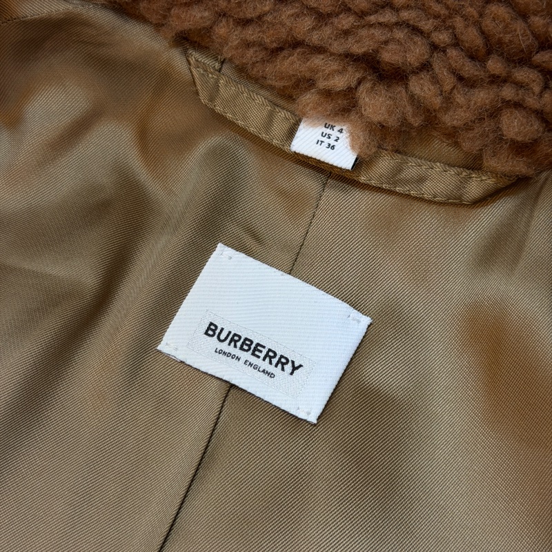 BURBERRY英國棕色人造毛羊皮拼駝毛混紡大衣UK4-11