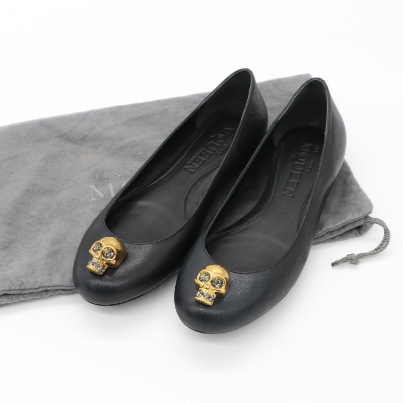 Alexander McQueen 麥昆 經典 黑色 皮革 金色水晶骷髏裝飾 平底鞋-0