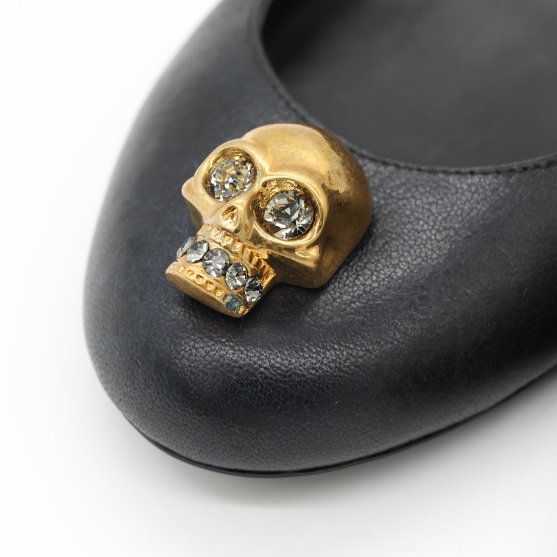 Alexander McQueen 麥昆 經典 黑色 皮革 金色水晶骷髏裝飾 平底鞋-4