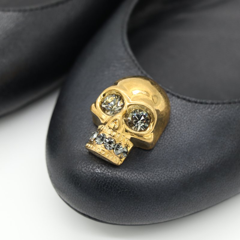 Alexander McQueen 麥昆 經典 黑色 皮革 金色水晶骷髏裝飾 平底鞋-11