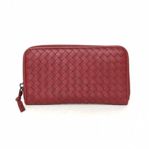 BOTTEGA VENETA 紅色羊皮長款編織拉鏈錢包肩背包
