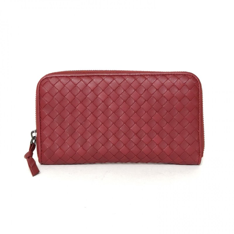 BOTTEGA VENETA 紅色羊皮長款編織拉鏈錢包肩背包-0