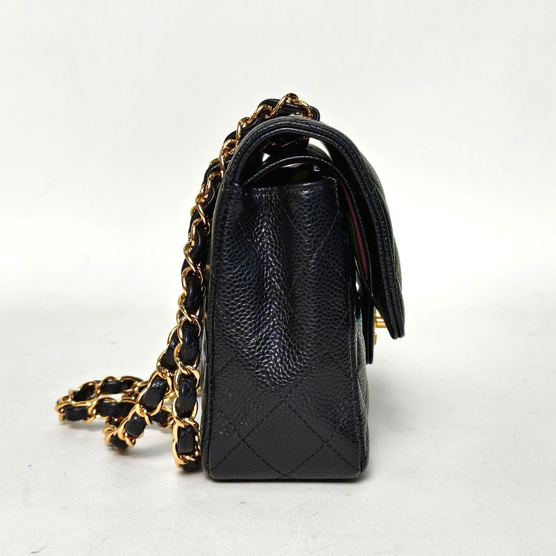 CHANEL CF口蓋包小號23黑色荔枝牛皮29開金扣菱格紋肩背包-1