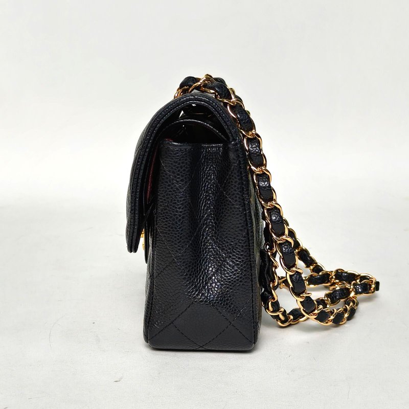 CHANEL CF口蓋包小號23黑色荔枝牛皮29開金扣菱格紋肩背包-3