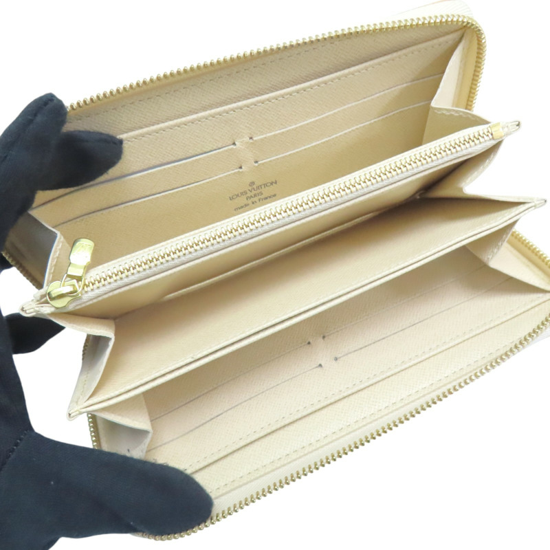 米色 棋盤格帆布 Small Item 拉鍊長夾 溢膠【LOUIS VUITTON LV 路易威登】 N60019-4