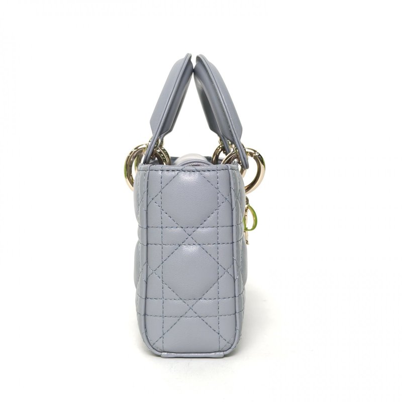 DIOR LadyD-Joy橫版戴妃包小號22藍色羊皮金扣2023肩背包-3