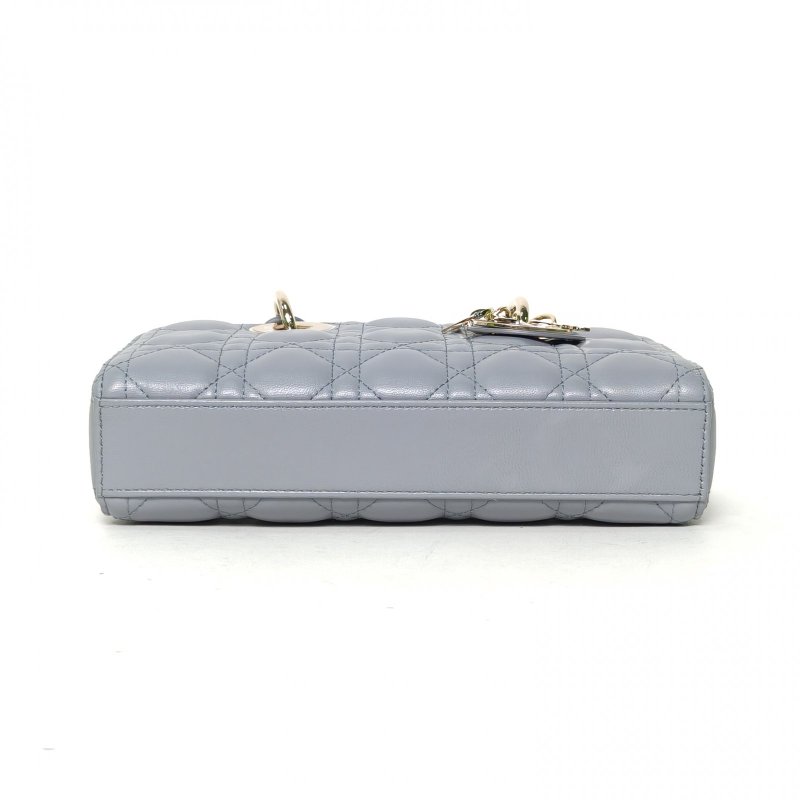 DIOR LadyD-Joy橫版戴妃包小號22藍色羊皮金扣2023肩背包-4