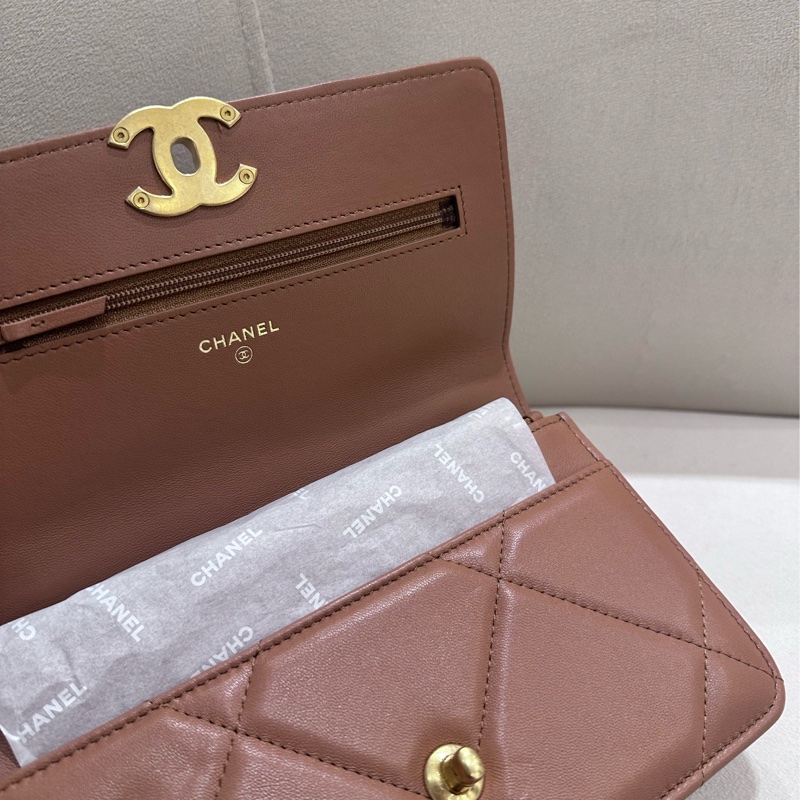 CHANEL 19BagWOC 菱格紋金扣鏈條翻蓋 手提斜挎單肩包 棕色-2