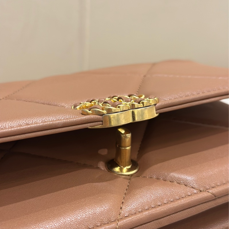 CHANEL 19BagWOC 菱格紋金扣鏈條翻蓋 手提斜挎單肩包 棕色-5