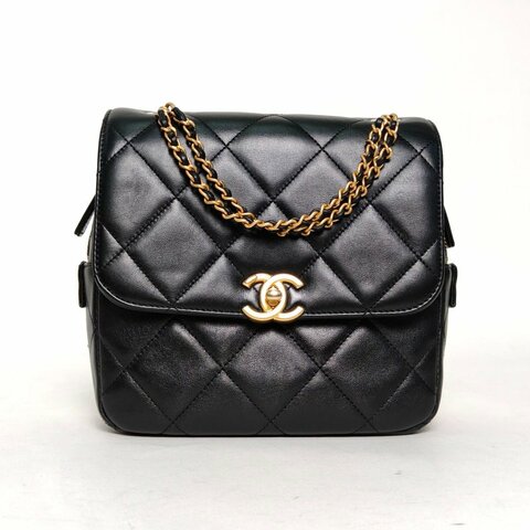 CHANEL Ado雙肩包20黑色羊皮晶片開金扣雙C結雙皮穿鏈肩背包