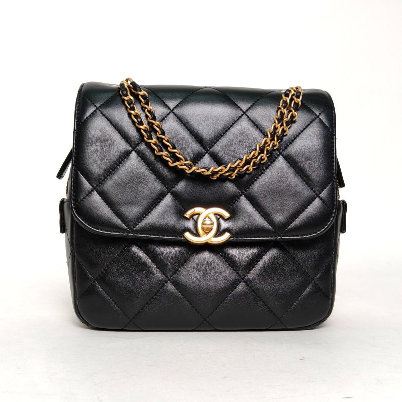 CHANEL Ado雙肩包20黑色羊皮晶片開金扣雙C結雙皮穿鏈肩背包-0