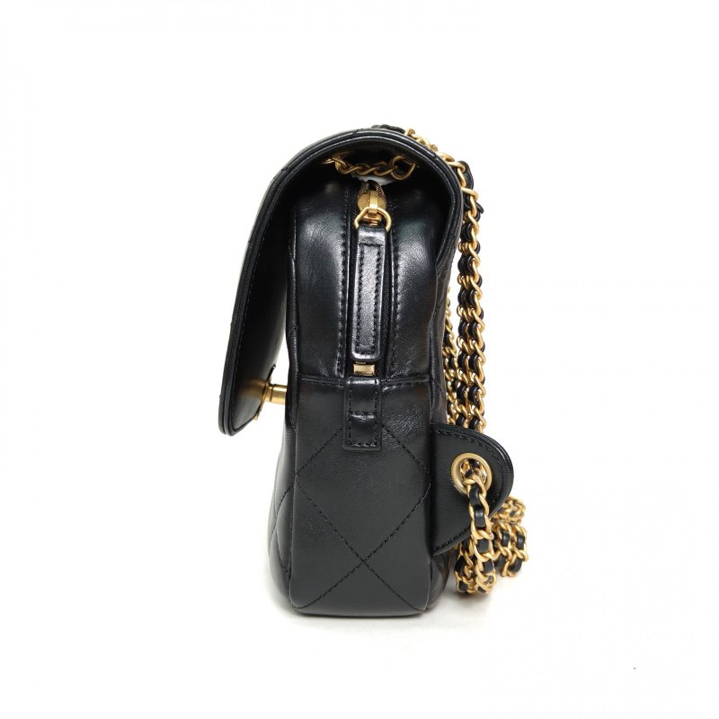 CHANEL Ado雙肩包20黑色羊皮晶片開金扣雙C結雙皮穿鏈肩背包-1
