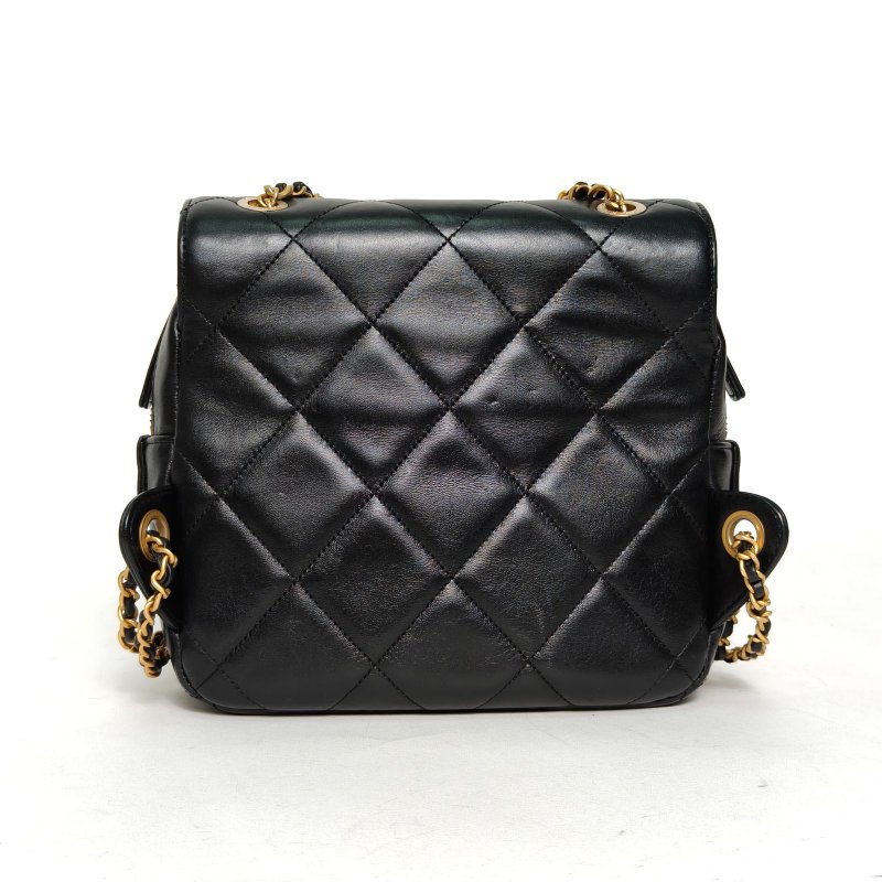 CHANEL Ado雙肩包20黑色羊皮晶片開金扣雙C結雙皮穿鏈肩背包-2