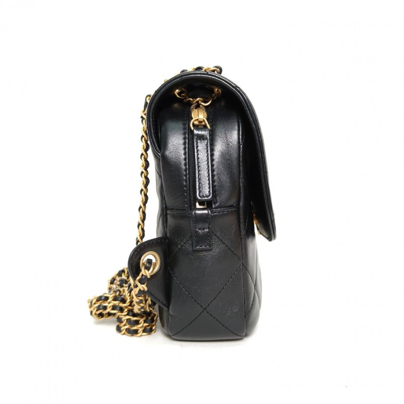 CHANEL Ado雙肩包20黑色羊皮晶片開金扣雙C結雙皮穿鏈肩背包-3