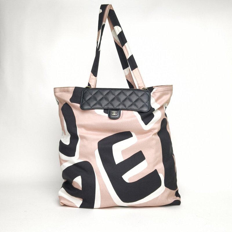 CHANEL 21K折疊收納環保購物包WOC拼色荔枝牛皮/帆布31開金扣肩背包-0