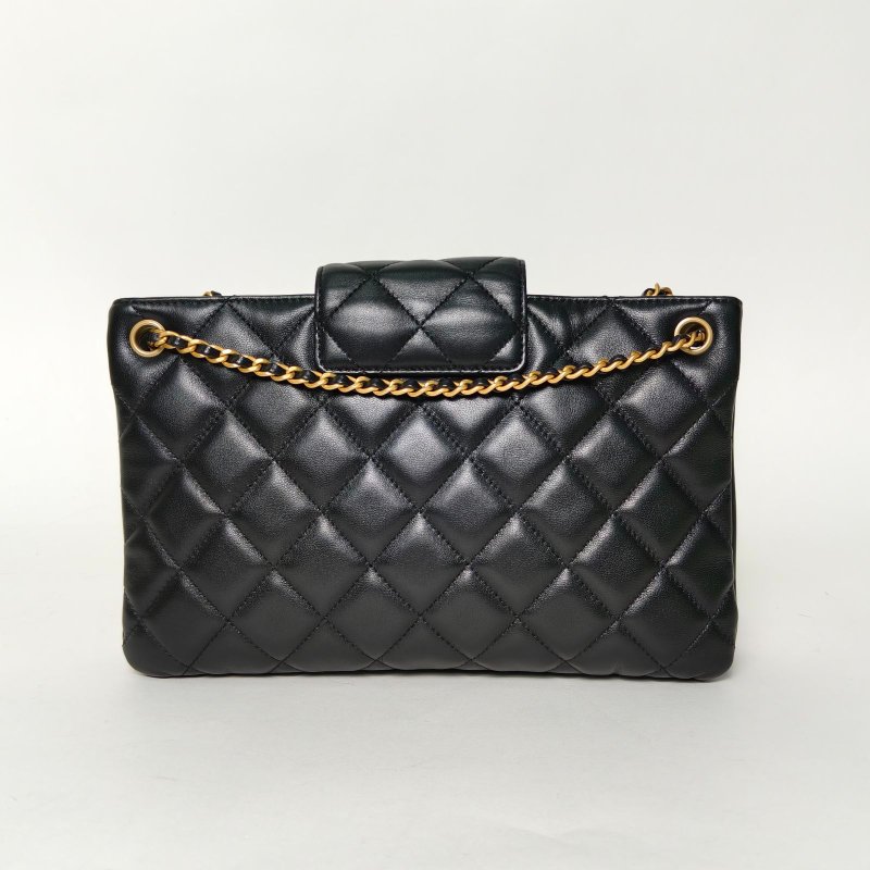 CHANEL 24C大logo風琴包25黑色羊皮晶片開金扣雙C大LOGO菱格紋肩背包-2