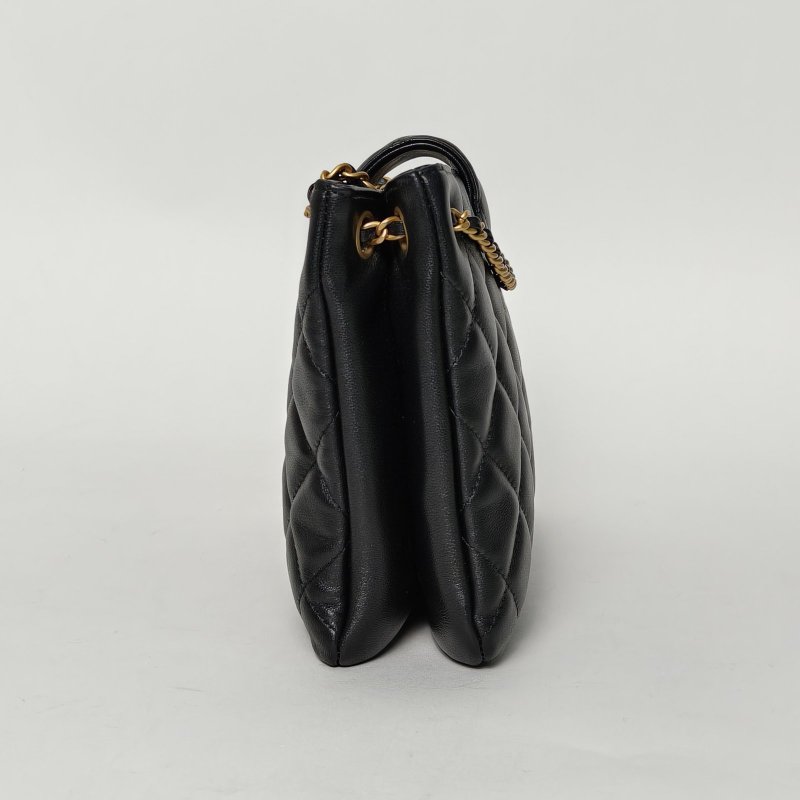 CHANEL 24C大logo風琴包25黑色羊皮晶片開金扣雙C大LOGO菱格紋肩背包-3