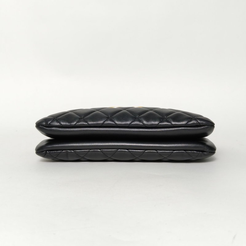 CHANEL 24C大logo風琴包25黑色羊皮晶片開金扣雙C大LOGO菱格紋肩背包-4