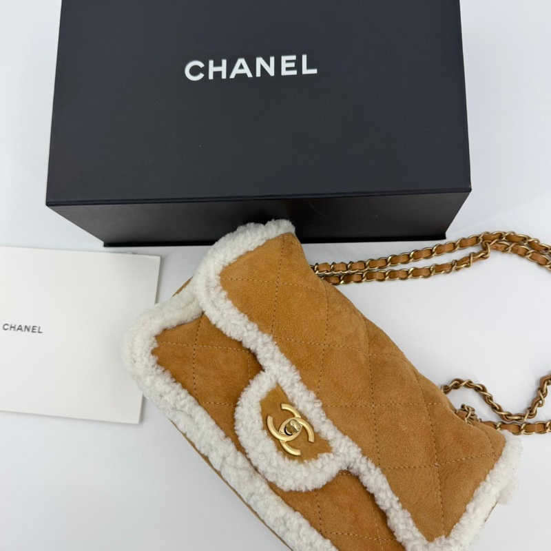 Chanel 2018 Suede Shearling Quilted Neige Camel Flap Bag with Gold Hardware-0