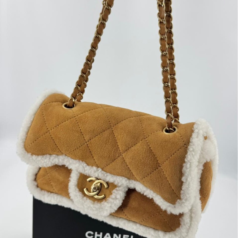Chanel 2018 Suede Shearling Quilted Neige Camel Flap Bag with Gold Hardware-1
