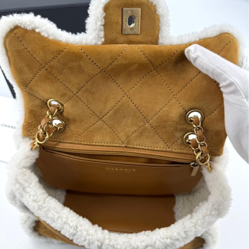 Chanel 2018 Suede Shearling Quilted Neige Camel Flap Bag with Gold Hardware-10