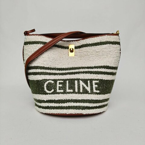 CELINE 拼色毛呢金扣CELINE賽琳16Bucket可拆卸拉鏈口袋可拆卸皮革肩帶織物拼光滑牛皮手提斜挎單肩包女款綠色/棕褐肩背包