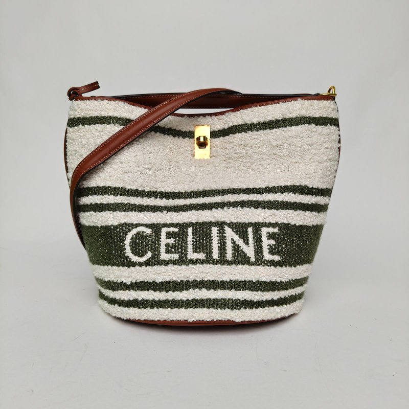 CELINE 拼色毛呢金扣CELINE賽琳16Bucket可拆卸拉鏈口袋可拆卸皮革肩帶織物拼光滑牛皮手提斜挎單肩包女款綠色/棕褐肩背包-0