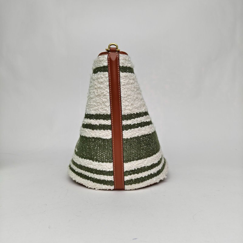 CELINE 拼色毛呢金扣CELINE賽琳16Bucket可拆卸拉鏈口袋可拆卸皮革肩帶織物拼光滑牛皮手提斜挎單肩包女款綠色/棕褐肩背包-1