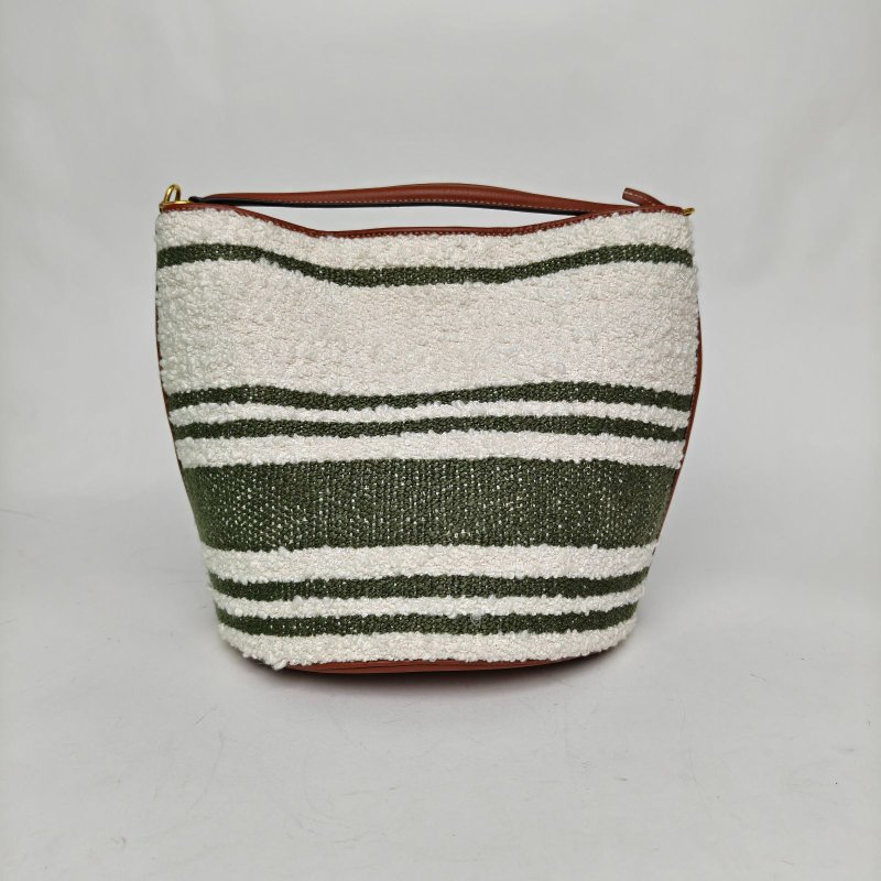 CELINE 拼色毛呢金扣CELINE賽琳16Bucket可拆卸拉鏈口袋可拆卸皮革肩帶織物拼光滑牛皮手提斜挎單肩包女款綠色/棕褐肩背包-2