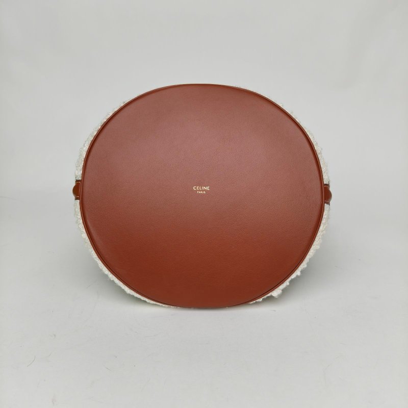 CELINE 拼色毛呢金扣CELINE賽琳16Bucket可拆卸拉鏈口袋可拆卸皮革肩帶織物拼光滑牛皮手提斜挎單肩包女款綠色/棕褐肩背包-4