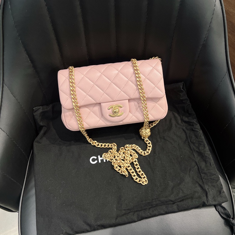 香奈兒 23S 櫻花粉紅色 羊皮 山茶花調節扣 CHANEL-0