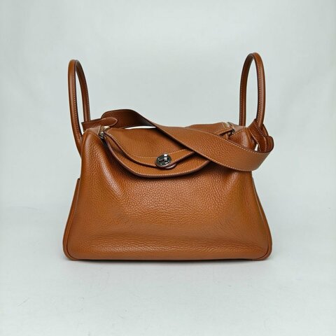 HERMES Lindy3437金棕色TC皮框Q銀扣肩背包