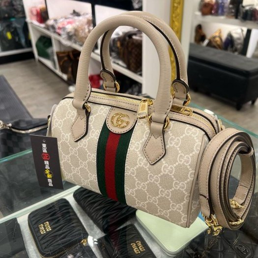 東區正精品㊣ GUCCI SPEEDY 772053 全新米灰皮革綠紅綠條金釦拉鍊迷你手提包斜背包波士頓包兩用包 RZ5480-2