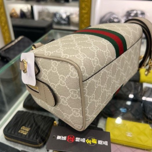 東區正精品㊣ GUCCI SPEEDY 772053 全新米灰皮革綠紅綠條金釦拉鍊迷你手提包斜背包波士頓包兩用包 RZ5480-5