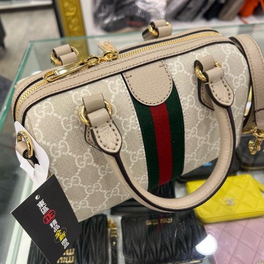 東區正精品㊣ GUCCI SPEEDY 772053 全新米灰皮革綠紅綠條金釦拉鍊迷你手提包斜背包波士頓包兩用包 RZ5480-7