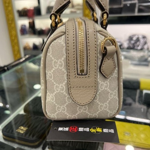 東區正精品㊣ GUCCI SPEEDY 772053 全新米灰皮革綠紅綠條金釦拉鍊迷你手提包斜背包波士頓包兩用包 RZ5480-8