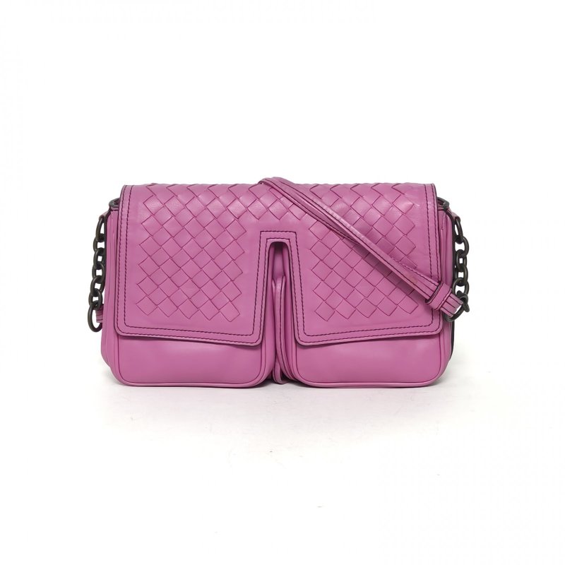 BOTTEGA VENETA 紫色羊皮經典編織雙口袋斜挎包肩背包-0