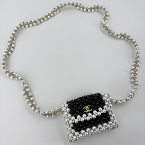 Chanel 22S Imitation Pearl Beaded Black & White Mini Rectangular Flap Bag