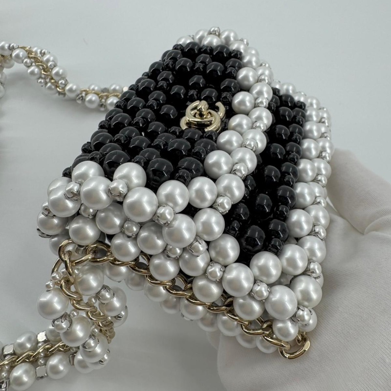 Chanel 22S Imitation Pearl Beaded Black & White Mini Rectangular Flap Bag-5