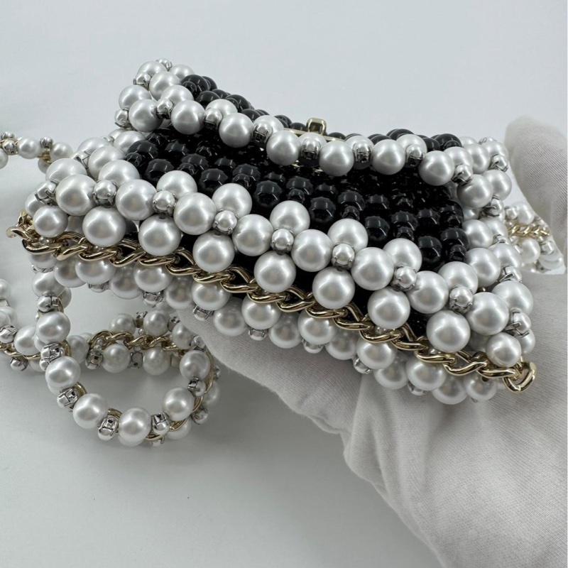 Chanel 22S Imitation Pearl Beaded Black & White Mini Rectangular Flap Bag-7