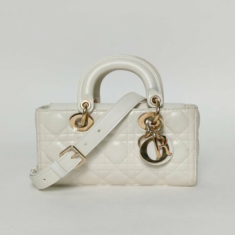 DIOR LadyD-Joy橫版戴妃包小號22白色羊皮金扣2022肩背包