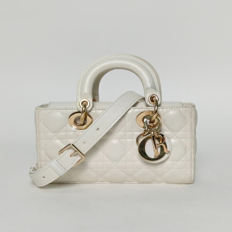 DIOR LadyD-Joy橫版戴妃包小號22白色羊皮金扣2022肩背包-0