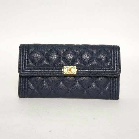 CHANEL Leboy長款錢包19.5藍色荔枝牛皮25開金扣肩背包