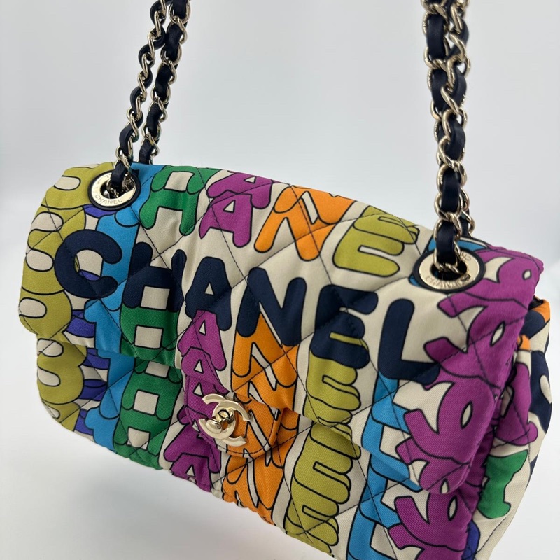 Chanel 21K Nylon Fabric Quilted Multicolor Rainbow Printed Logo Single Flap Bag with Light Gold-tone Hardware-0