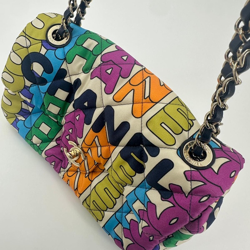 Chanel 21K Nylon Fabric Quilted Multicolor Rainbow Printed Logo Single Flap Bag with Light Gold-tone Hardware-5