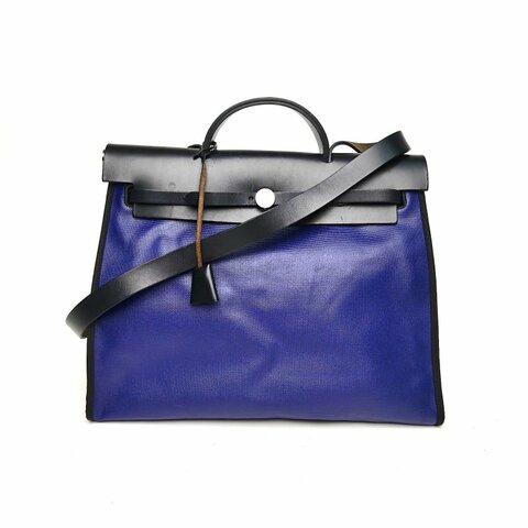 HERMES Herbag3989黑色拼M3水墨藍防水帆布D刻銀扣肩背包